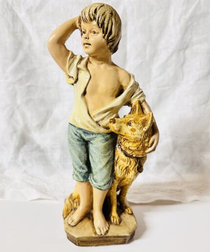 Grosse italienische Vintage‑Figur "Junge mit Hund'', handbemalt, 32 cm, AG‑Marke