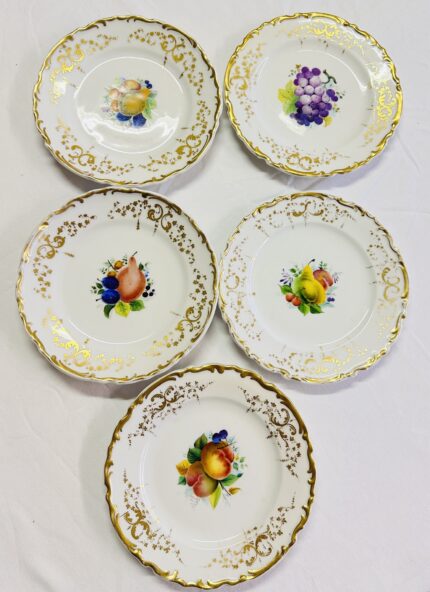 5er Set antike Dessertteller | Meisterliche Früchtemalerei | Handbemalt um 1880-1910 | Prunkvoller Goldrand | Top Handarbeit